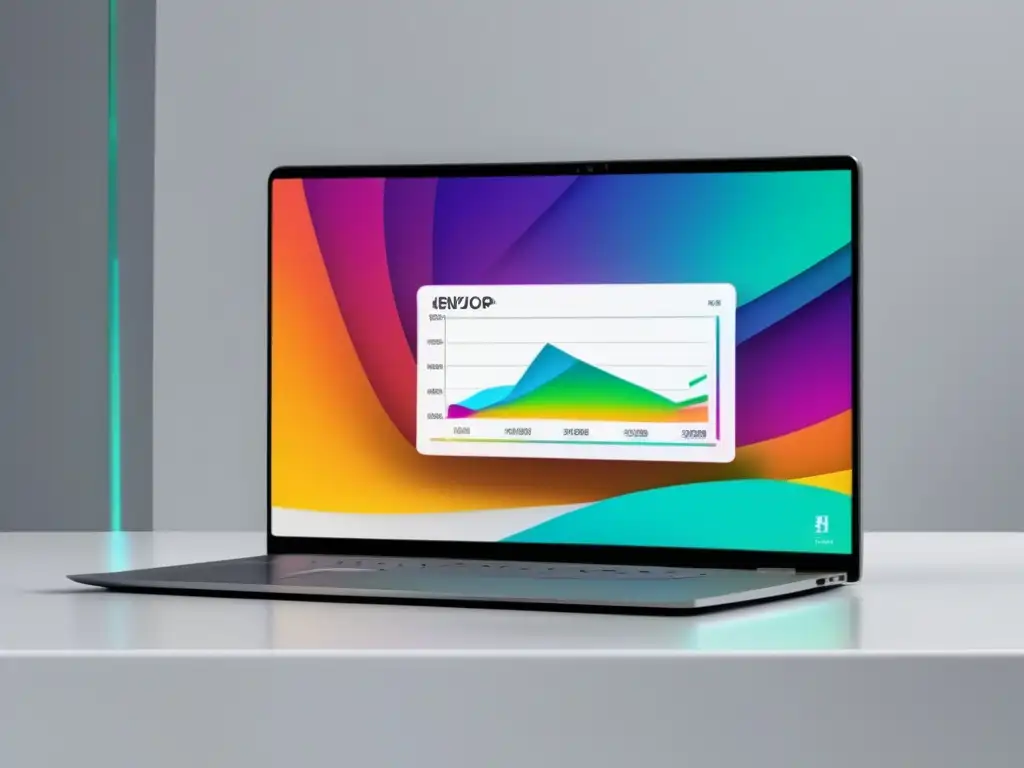 Laptop moderno con gráfico vibrante de marca Laptop moderno en escritorio blanco con gráfico de tendencia ascendente y símbolos de ingresos pasivos