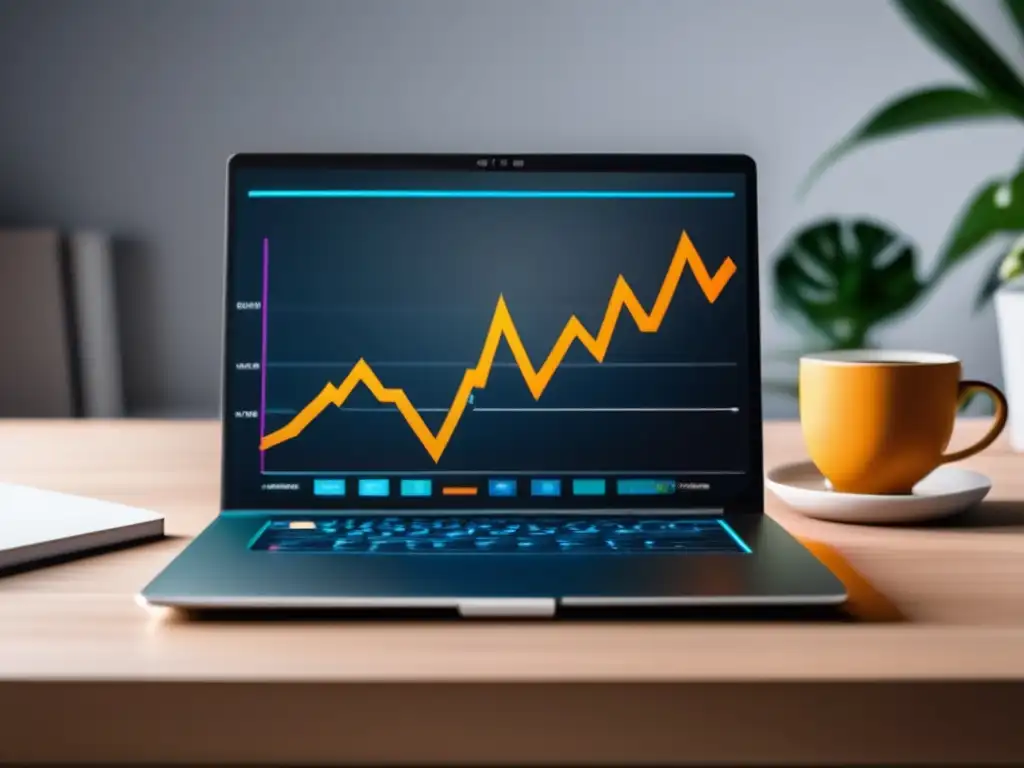 Laptop moderno con gráfica de marketing de afiliados Laptop moderna en escritorio minimalista con gráfico de éxito en marketing de afiliados