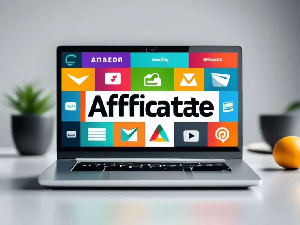 Laptop moderno con pantalla vibrante y logos de marketing de afiliados Laptop moderno con diseño elegante y pantalla vibrante de alta resolución, con iconos y logotipos de programas de afiliados más efectivos