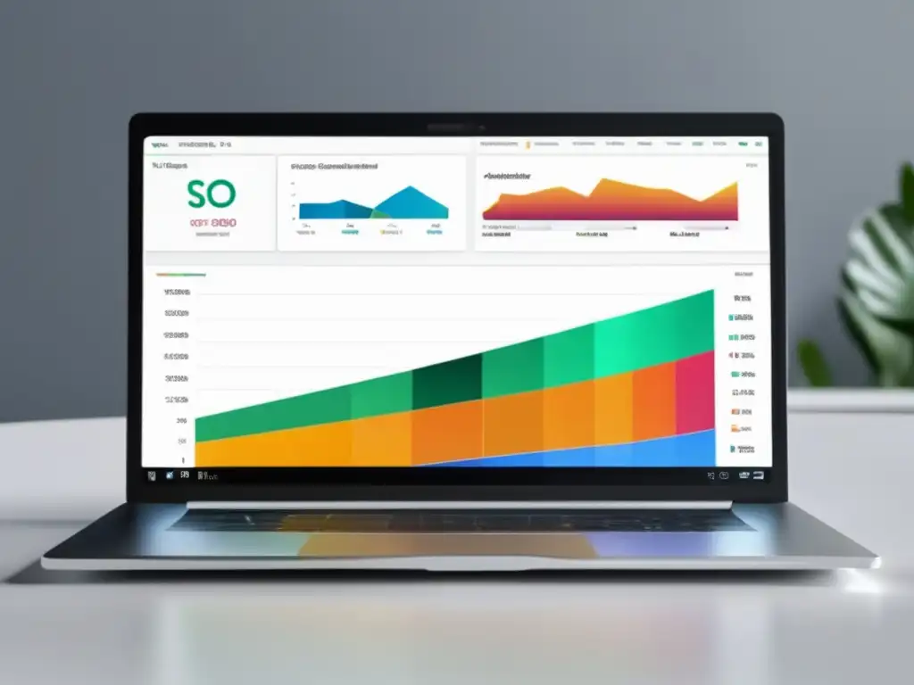 Laptop con dashboard de SEO Laptop moderno con dashboard SEO, gráficos y herramientas para programas de afiliados con mejores comisiones