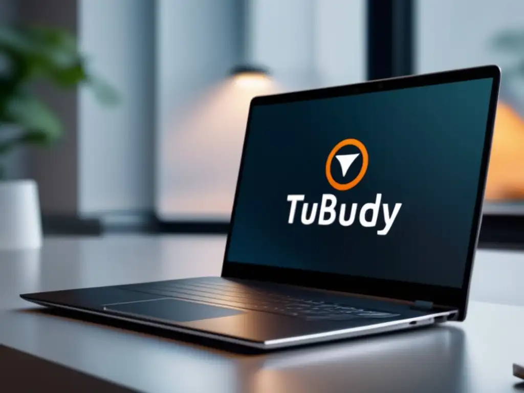 Laptop profesional con logo TubeBuddy en pantalla Ultradetallada imagen 8k de un elegante y moderno portátil con el logo de TubeBuddy en su pantalla