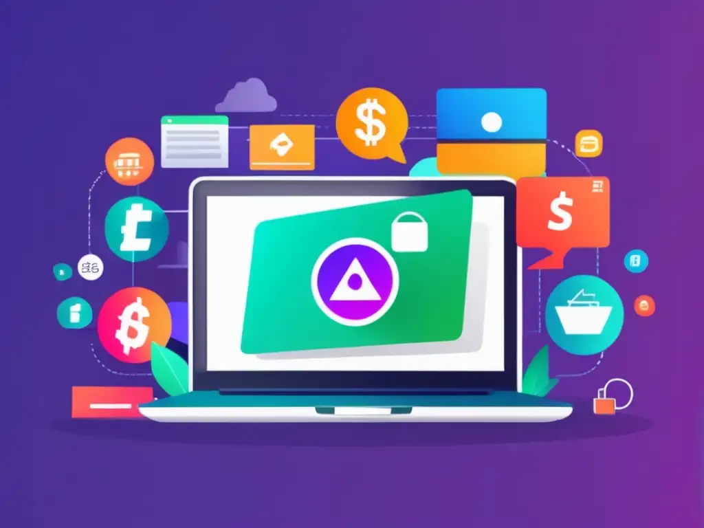 Laptop moderno con iconos de marketing de afiliados Laptop con pantalla vibrante y símbolos de marketing de afiliados: programa de afiliados para maximizar ingresos en marketing de afiliados