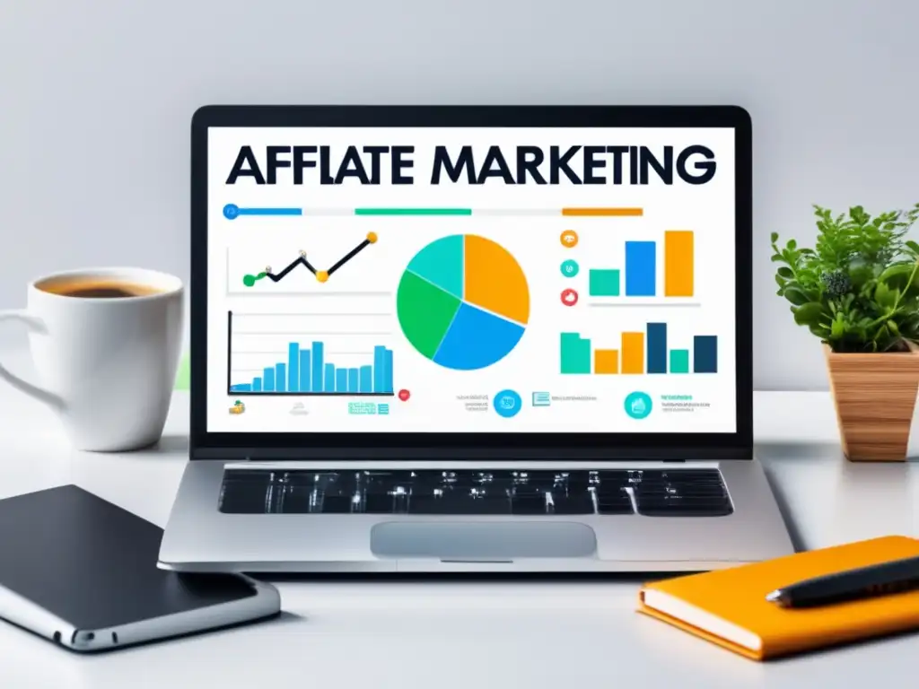 Laptop y símbolos de marketing de afiliados Éxito en el marketing de afiliados: laptop en un escritorio blanco rodeado de íconos y símbolos que representan las ventajas de esta estrategia