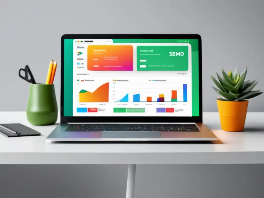 Herramientas de marketing para estrategias exitosas Laptop moderno con pantalla vibrante mostrando herramientas de marketing de afiliados