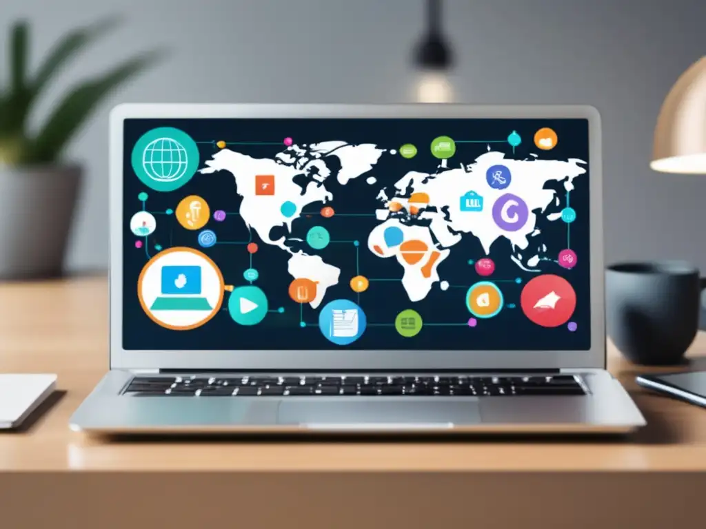 Laptop de afiliados eficientes y modernos Imagen de laptop moderna con iconos de estrategias de marketing de afiliados efectivas