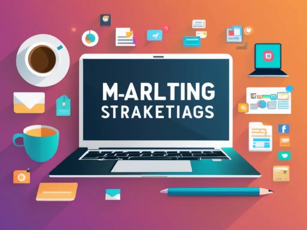 Laptop de 8K con iconos de marketing de afiliados Ilustración moderna y minimalista que muestra pasos fundamentales para comenzar en el marketing de afiliados
