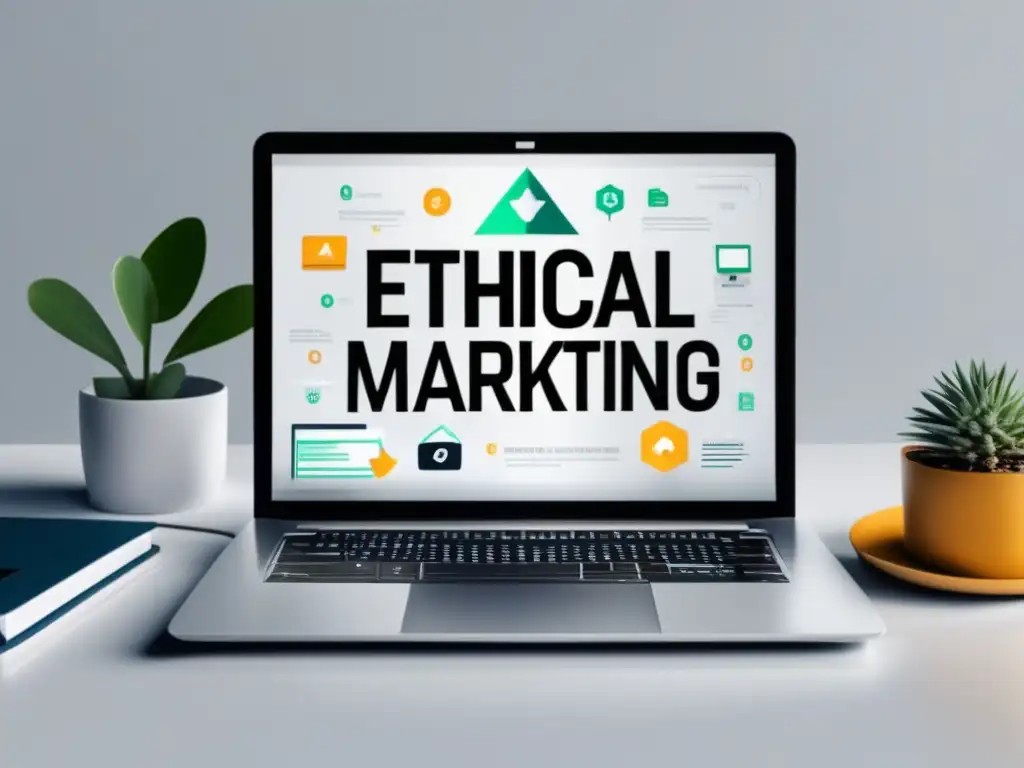 Minimalismo y diseño moderno: Laptop en escritorio blanco Diseño moderno de laptop en escritorio blanco, representando el afiliado ético en el marketing de afiliados