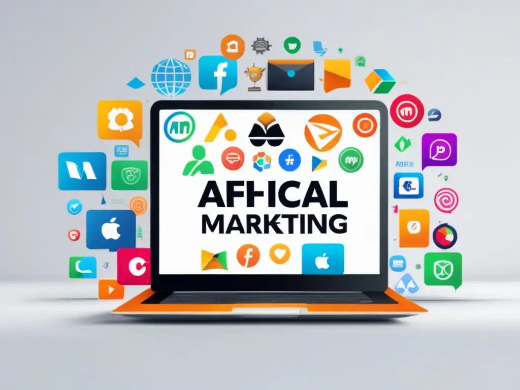 Laptop de marketing de afiliados éticos Laptop con pantalla vibrante mostrando logos y símbolos de marketing de afiliados éticos