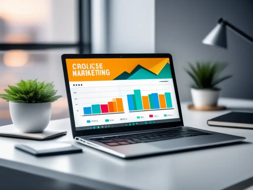 Laptop moderno y minimalista con éxito en marketing de afiliados Laptop moderno con pantalla vibrante y elementos relacionados con marketing de afiliados, ejemplificando casos exitosos y maximizando ingresos
