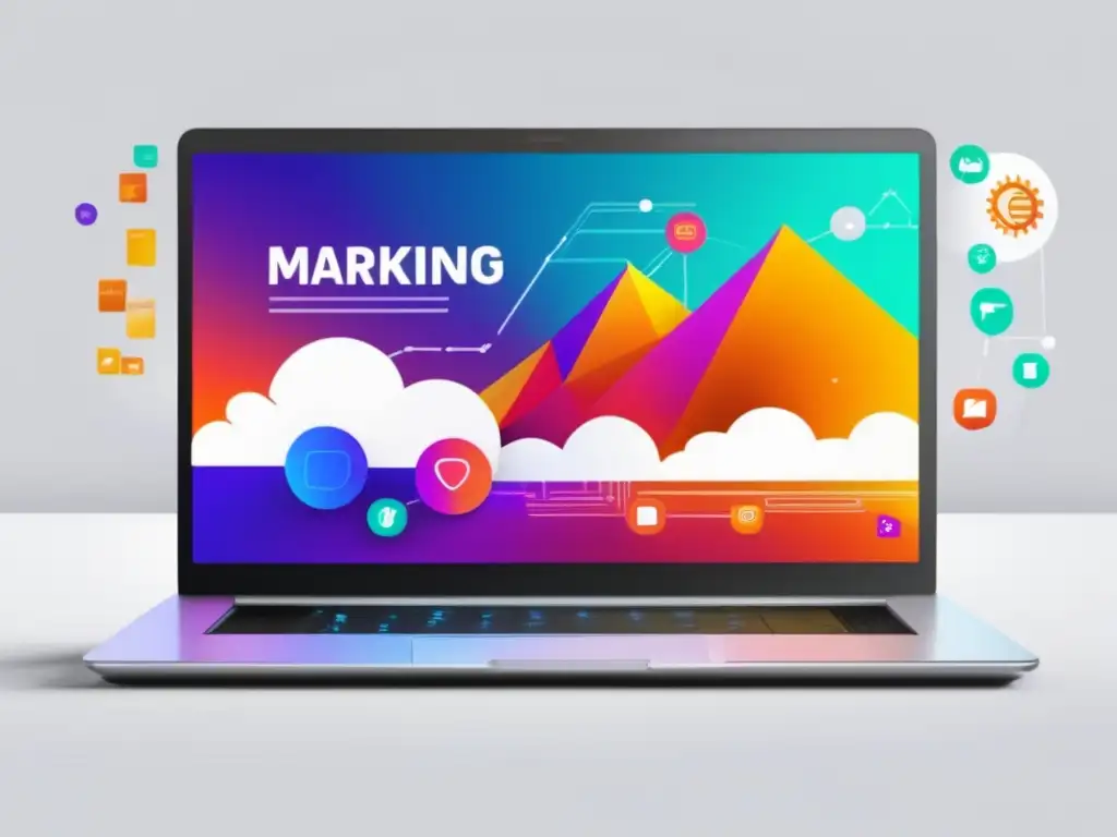 Laptop moderno con paisaje digital vibrante Laptop moderno con diseño minimalista e impactante, muestra paisaje digital vibrante y elementos de marketing de afiliados