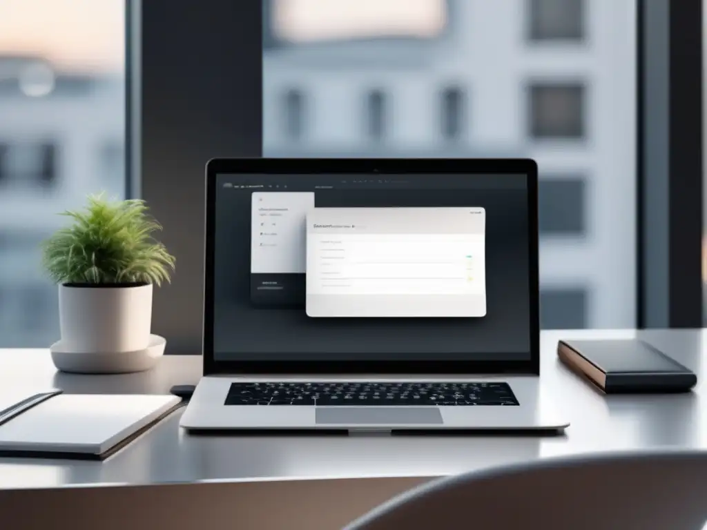 Espacio de trabajo minimalista y eficiente Espacio de trabajo minimalista con escritorio blanco, laptop moderna, smartphone y herramientas de afiliados