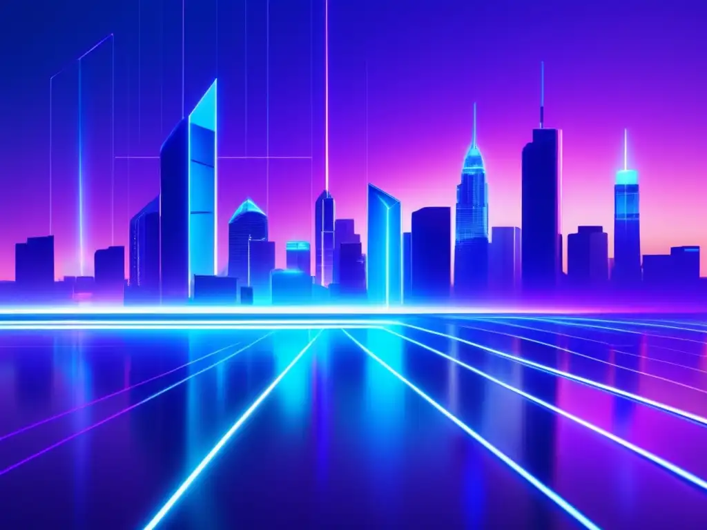 Paisaje digital futurista de marketing de afiliados Paisaje digital minimalista con ciudad futurista y redes de leyes y regulaciones en marketing de afiliados