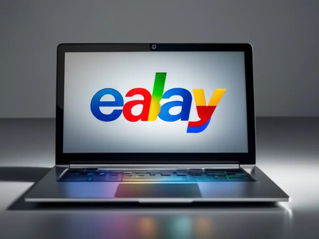 Laptop con logo eBay en un escritorio minimalista Imagen de laptop con logo de eBay: programas de afiliados de eBay