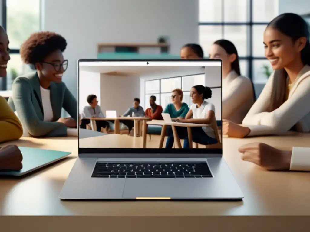 Moderno diseño de laptop en escritorio Laptop blanco en escritorio con estudiantes en curso online - programa afiliados educación y cursos online