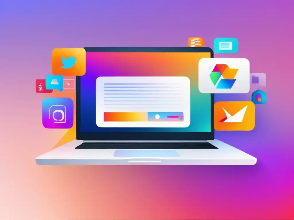 Diseño minimalista de laptop con íconos de cursos en línea Diseño minimalista con laptop blanca y fondo vibrante, iconos de cursos online en colores llamativos