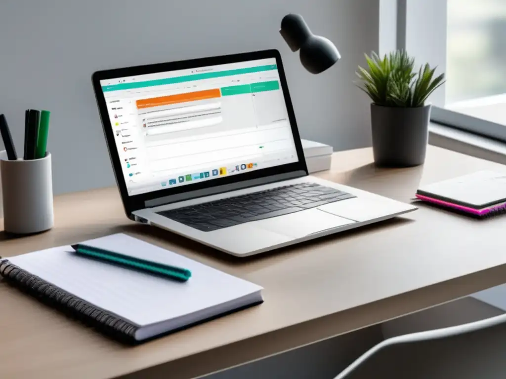 Espacio de trabajo organizado y eficiente Escritorio organizado y moderno con laptop plateada, lista de tareas y marcadores coloridos