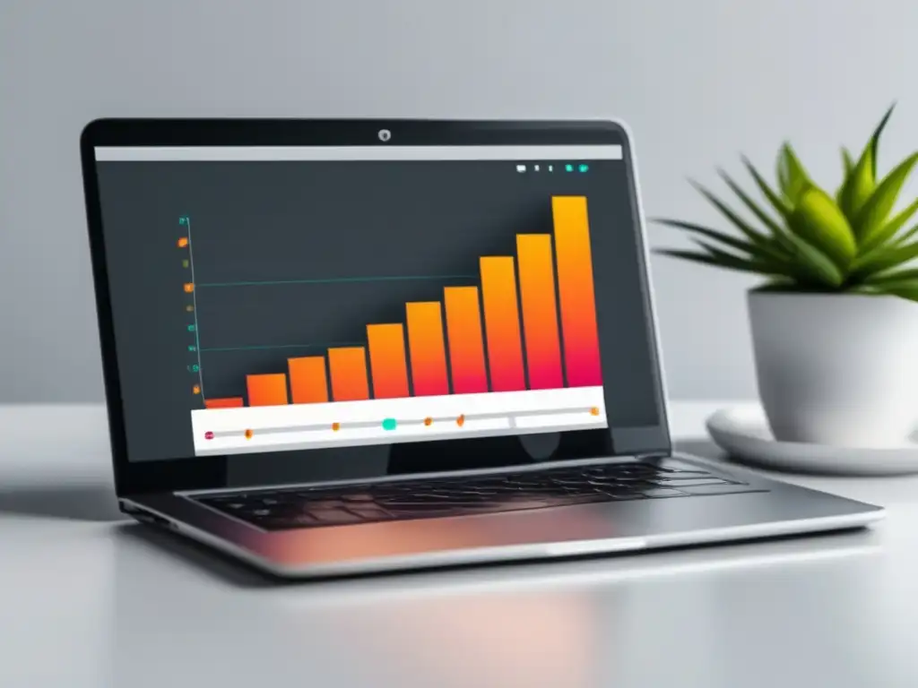 Escritorio minimalista con laptop y gráfico de crecimiento Laptop en escritorio blanco con gráfico de crecimiento, representa aprendizaje y éxito en marketing de afiliados