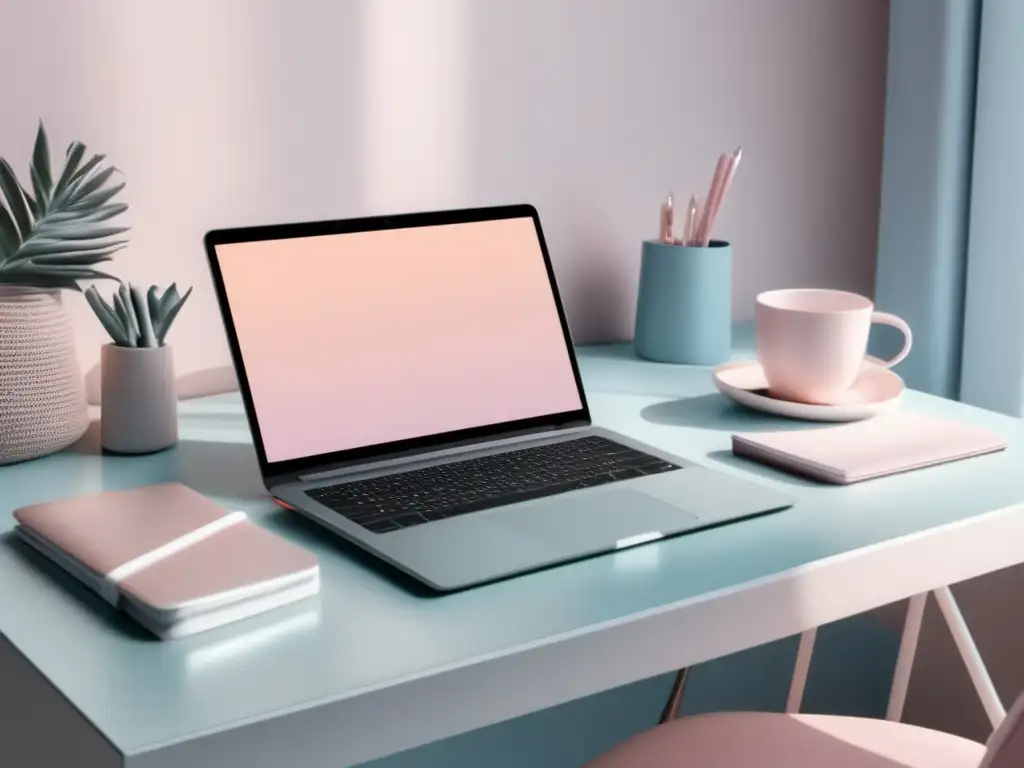 Espacio de trabajo minimalista y moderno Escritorio minimalista con laptop, notas y estrategias de contenido para marketing de afiliados