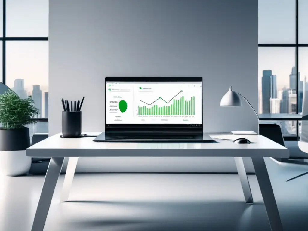 Espacio de trabajo moderno y minimalista Oficina moderna con escritorio blanco, laptop de alta gama y estrategias clave para el marketing de afiliados