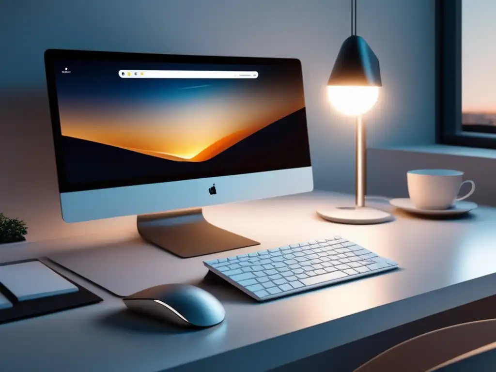 Espacio de trabajo minimalista y moderno Escritorio limpio y minimalista con luz cálida, perfecto para estrategias de análisis de palabras clave y afiliados de marketing