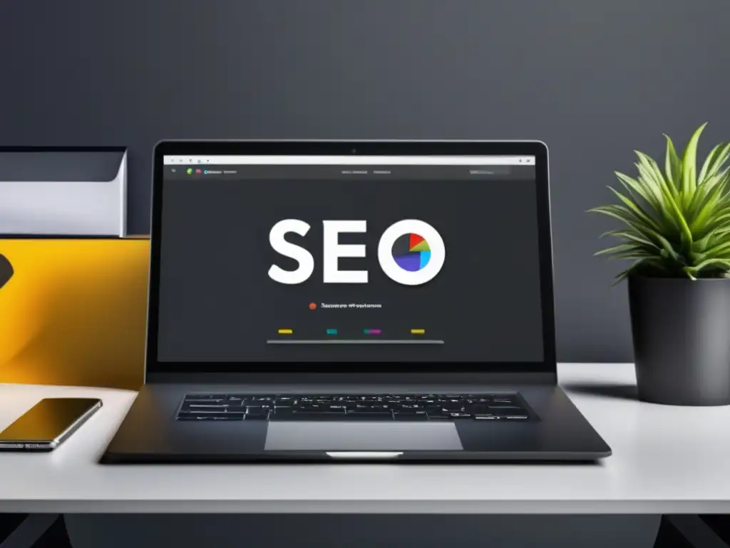 Espacio de trabajo minimalista con laptop y herramientas SEO para afiliados en marketing