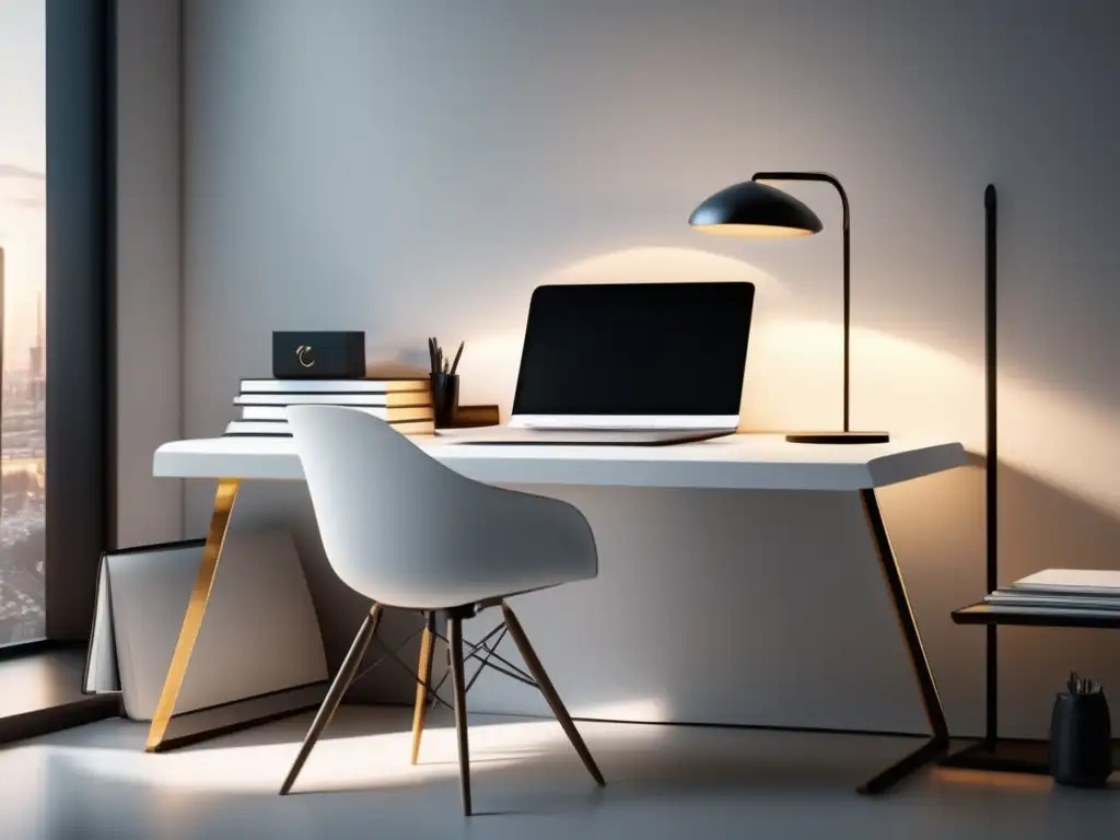 Espacio de trabajo minimalista de alta resolución Escritorio minimalista con vista urbana: pasos clave para el marketing de afiliados y aumentar ganancias
