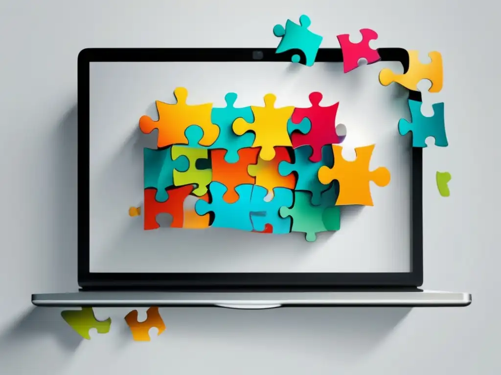 Laptop ético de marketing Importancia ética en marketing afiliados: imagen elegante de laptop con puzzle representando transparencia, autenticidad y confianza cliente