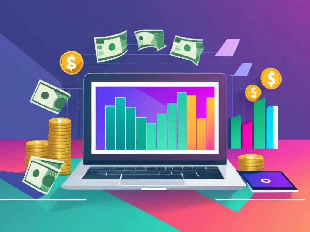 Éxito financiero con laptop y dinero Laptop con gráficos de ingresos de marketing de afiliados y montones de dinero en varias monedas, elegante y moderno
