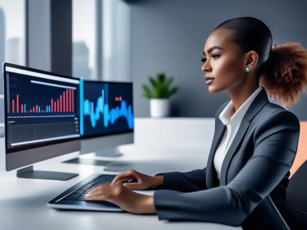 Mujer exitosa en marketing de afiliados Experiencias éxito en marketing afiliados: mujer confiada con tecnología, redes sociales y análisis de datos