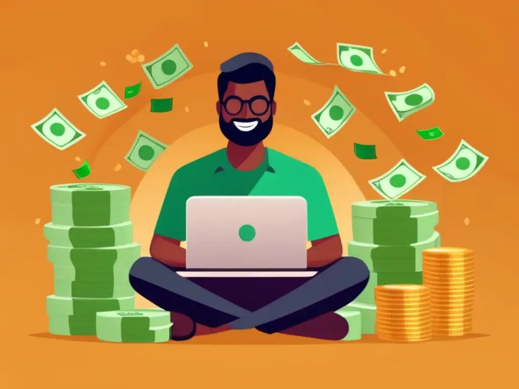Éxito financiero y libertad con ingresos pasivos Persona relajada con laptop y dinero, símbolo de éxito y libertad financiera