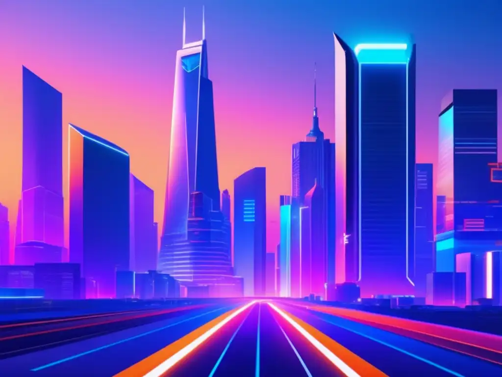Futurista ciudad con rascacielos y marketing Ciudad futurista al atardecer con rascacielos y estrategias de marketing de afiliados