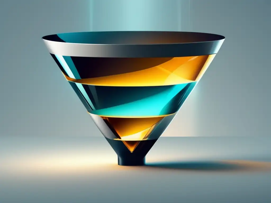 Embudo de conversión futurista Ilustración impactante de un embudo de conversión futurista, mostrando estrategias clave para mejorar conversiones en marketing de afiliados
