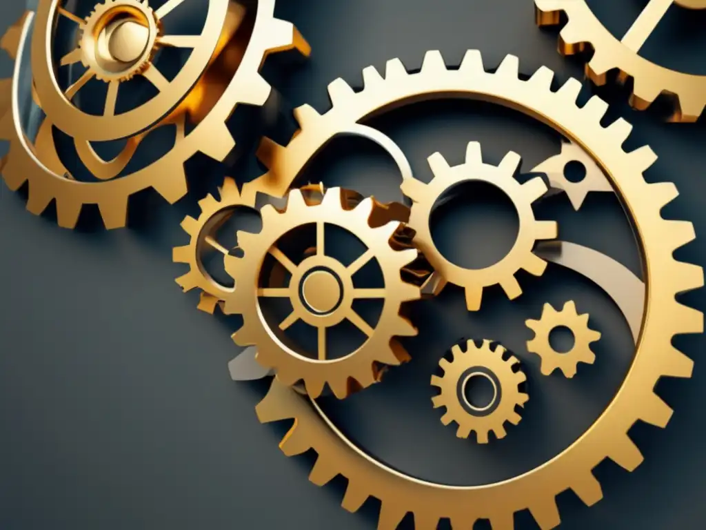 Gears interconectados en tonos metálicos Imagen 8k ultradetallada de engranajes interconectados en tonos metálicos, simbolizando estrategias clave para el marketing de afiliados