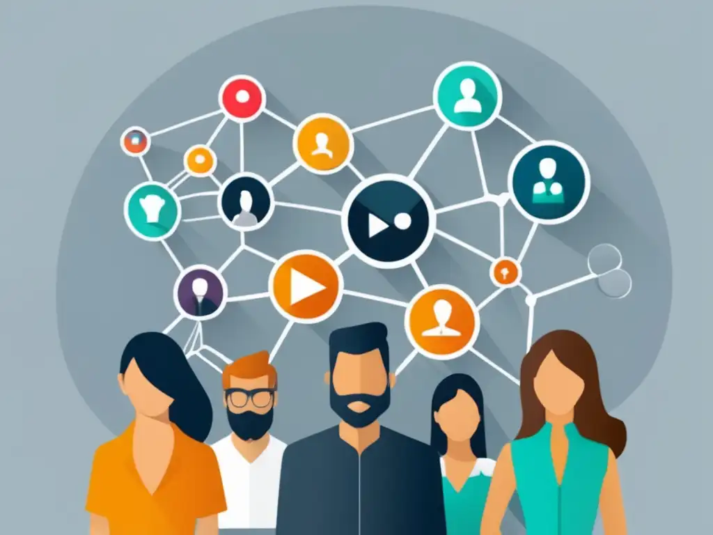 Ilustración moderna de influencers interconectados Ilustración minimalista y moderna de una red de influencers interconectados en estrategias de marketing de influencers en programas de afiliados