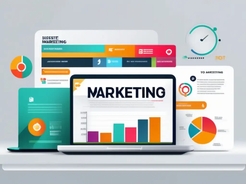 Laptop blanco con infografía de éxito en marketing de afiliados Estrategias clave para el marketing de afiliados con laptop y gráficos vibrantes