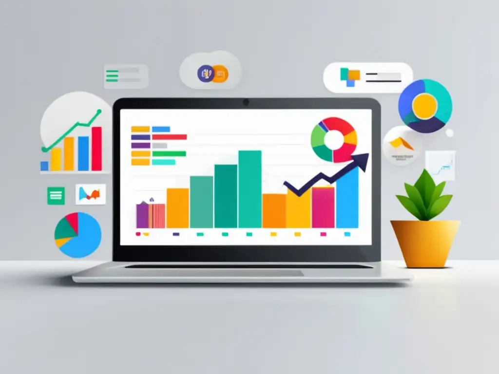 Laptop de diseño elegante con gráficos de éxito en marketing de afiliados Laptop moderno con gráficos de éxito en estrategias de marketing de afiliados para maximizar ingresos