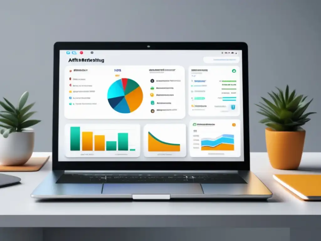 Laptop minimalista con dashboard de programas de afiliados Laptop minimalista con dashboard de programas de afiliados: Estrategia de marketing de afiliados