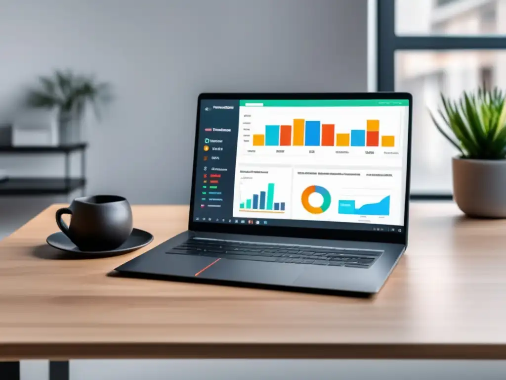 Laptop moderno en escritorio blanco con dashboard de marketing de afiliados Laptop moderno en escritorio blanco con dashboard de afiliados - Mejores programas de afiliados para maximizar ingresos en marketing de afiliados