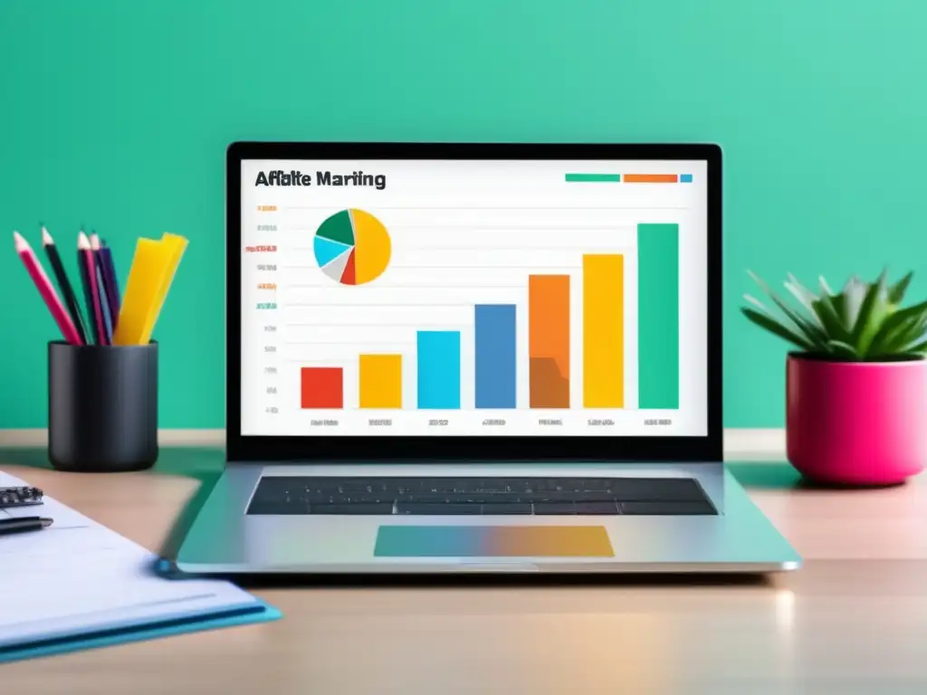 Escritorio minimalista con laptop y gráfico de ganancias Laptop moderno en un escritorio ordenado, con gráfico de ganancias en marketing de afiliados y prácticas legales para aumentar ingresos