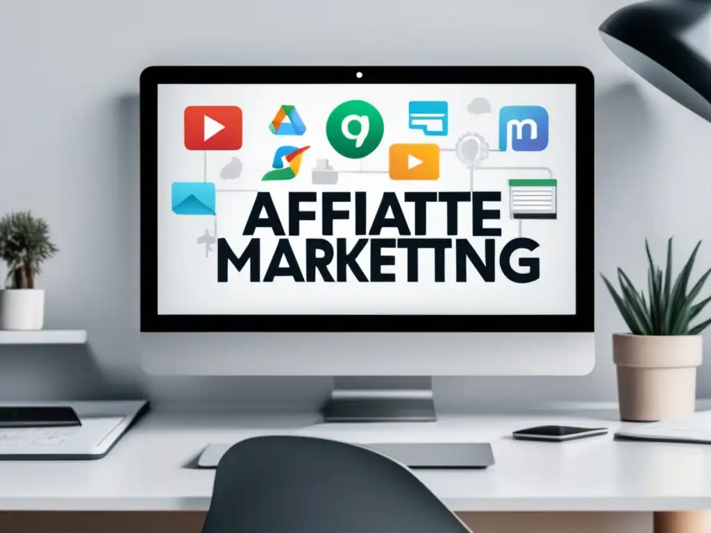 Estrategias exitosas de marketing de afiliación Laptop moderno en escritorio blanco, con logos marketing afiliados, estrategias y colaboraciones exitosas