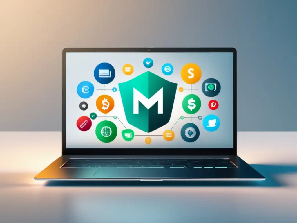 Imagen 8k de laptop moderno con iconos de marketing de afiliados Laptop de diseño moderno y minimalista con pantalla vibrante y símbolos clave del éxito en marketing de afiliados