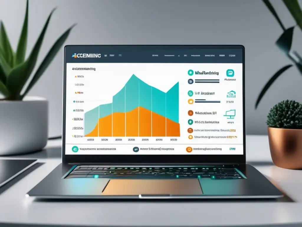 Laptop de alto rendimiento para marketing de afiliados Laptop moderno con gráfica de aumento de ingresos en marketing de afiliados y técnicas avanzadas
