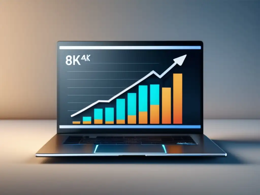 Laptop con gráfico de crecimiento de ingresos por marketing de afiliados Laptop elegante y minimalista muestra crecimiento exponencial de ingresos con marketing de afiliados