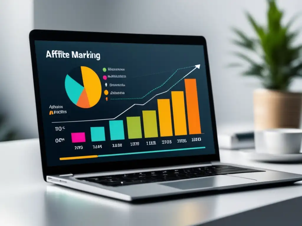 Estadísticas de ingresos por marketing de afiliados Laptop en escritorio con gráfico de estrategias de marketing de afiliados