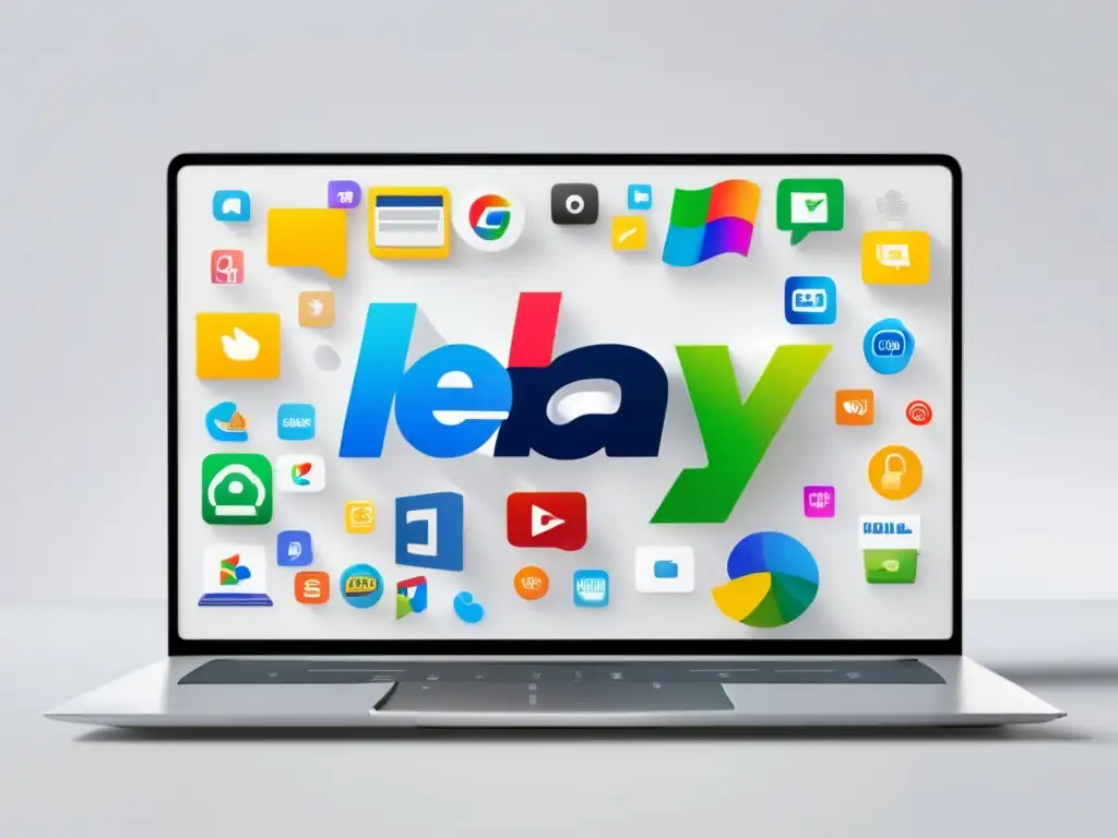 Laptop profesional con logo eBay y iconos coloridos Laptop blanco de diseño moderno con logo de eBay y programas de afiliados