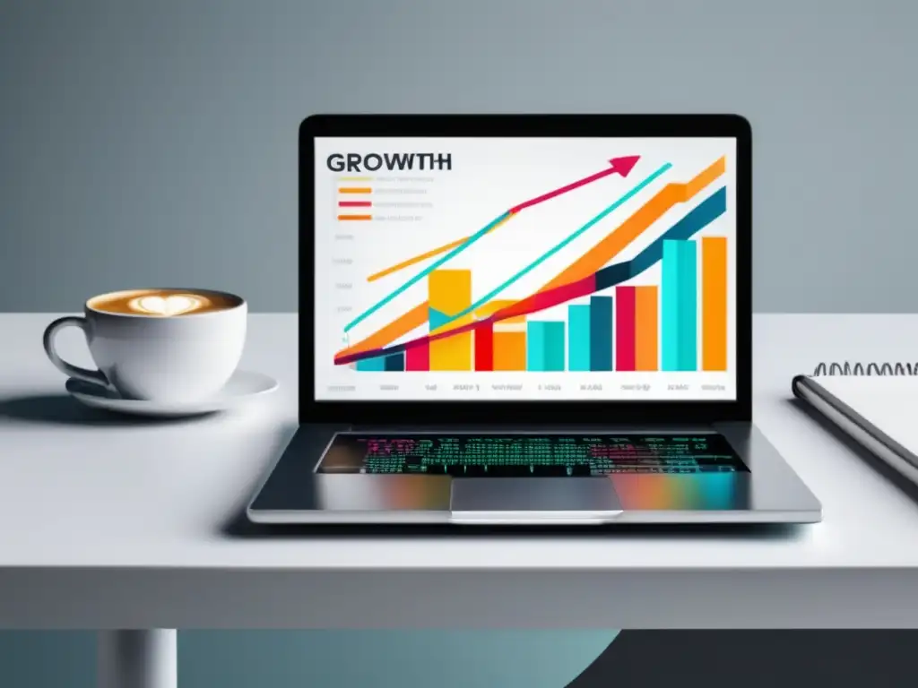 Laptop en mesa blanca con gráfica de éxito en marketing de afiliados Laptop en escritorio blanco con gráfico de crecimiento de programas de afiliados