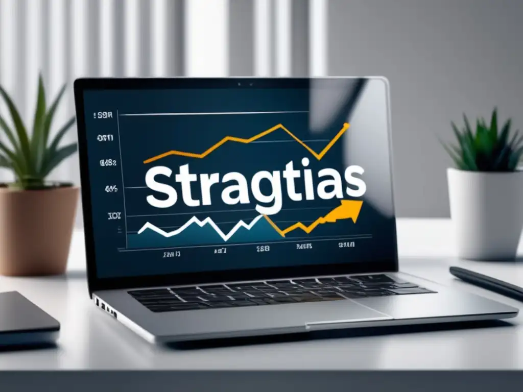 Laptop moderno y elegante con gráfico de crecimiento en pantalla Imagen: Laptop moderno en escritorio con gráfica de crecimiento y estrategias efectivas en marketing de afiliados
