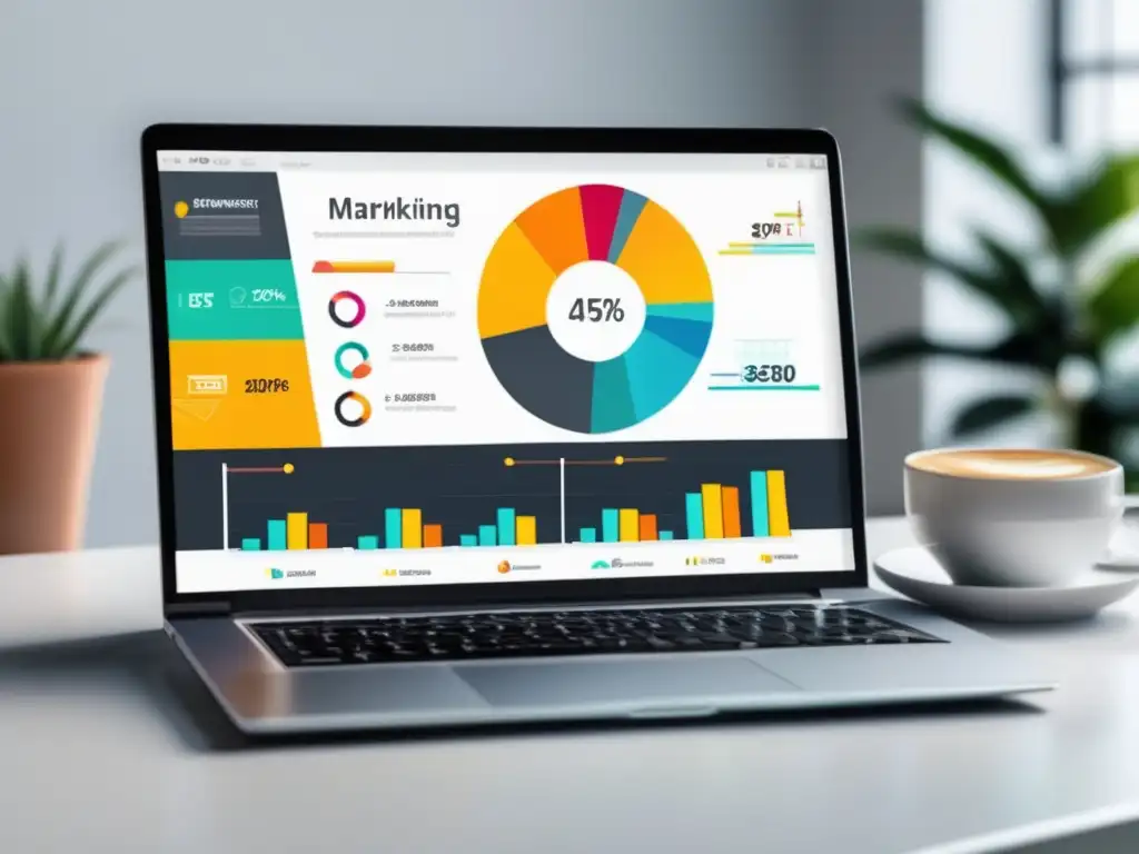 Laptop con gráfico vibrante de marketing de afiliados Laptop en una mesa blanca con gráfico vibrante de estrategias de contenido en marketing de afiliados