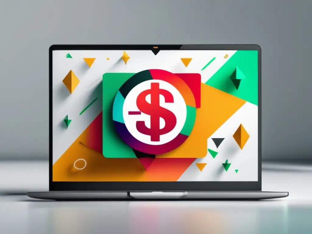 Laptop moderno y elegante con gráfico de dólar Laptop moderno en escritorio blanco, símbolo de éxito y programas afiliados con comisiones altas