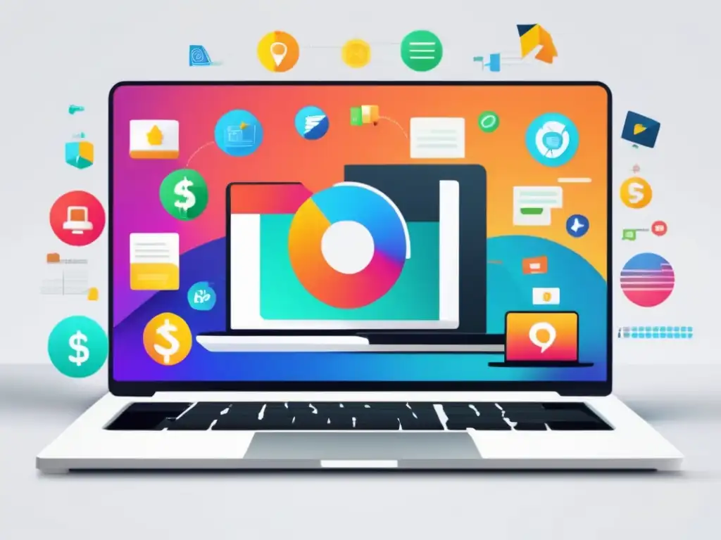 Laptop con mundo digital vibrante en su pantalla Laptop con mundo digital vibrante en pantalla y símbolos de éxito en marketing afiliado